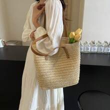 Solid Color Weaving, Large Capacity, Simple And Versatile. Summer Beach Vacation, Fashionable Shopping, Small And Fresh Rural Style. Commuting, Class, Work. Women's Shoulder Woven Bag