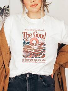 Alphabet Pattern  Graphic Print T-Shirt, Short Sleeve Crew Neck Casual Top For Summer & Spring, Women's Clothing