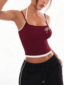 女士蝴蝶结刺绣拼色修身日常健身运动吊带背心上衣 - 酒紅色 - 查看 3