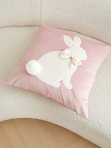 1pc Easter Pink Rabbit Embroidered Cushion Cover, For Indoor Decoration, Easter Fluffy Bow Decorative Pillow Cover, Without Filling - Pink - View 8