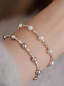 1pc Luxury Minimalist S925 Sterling Silver Star & Faux Pearl Beaded Bracelet, Suitable For Women Daily Wear/Gift, 3.6g