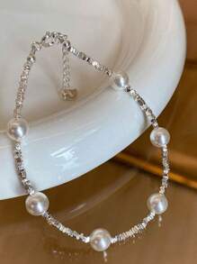 1pc Luxury Minimalist S925 Sterling Silver Star & Faux Pearl Beaded Bracelet, Suitable For Women Daily Wear/Gift, 3.6g
