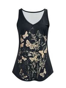 Summer New Fashionable Vintage Casual Butterfly Print Women Tank Top Black Vacation - Black - View 3