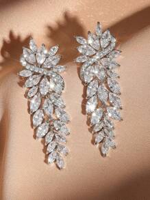 1 Pair Luxury Elegant Zirconia Wrapped Leaf Decor Women's Dangle Earrings, Suitable For Wedding Wear And Gift