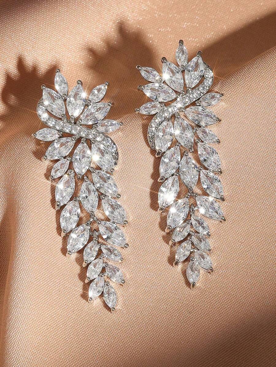 1 Pair Luxury Elegant Zirconia Wrapped Leaf Decor Women's Dangle Earrings, Suitable For Wedding Wear And Gift