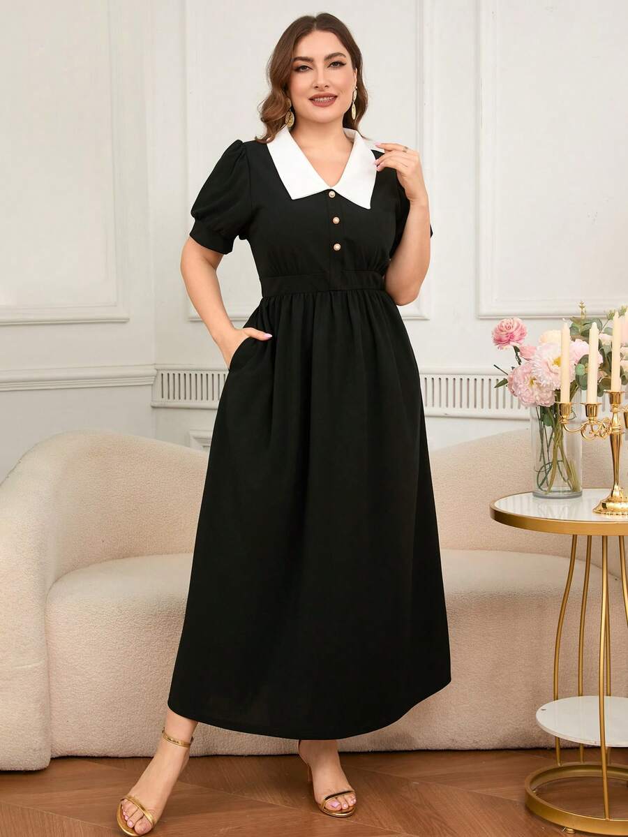 DEARCASE Plus Size Women's Color Block Collar Short Sleeve Dress - Black - View 1