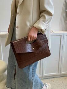 Fashionable Solid Color PU Flap Envelope Clutch Bag, High-Quality Crocodile Texture Pattern, Elegant Niche Design, Casual Minimalist, Multi-Functional - Coffee - View 3