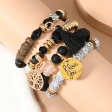 2025 新款 4 件套波西米亚民族风格女士时尚弹力手链天然石珠配可爱吊坠流苏弹力可叠戴手链套装适合女士和女孩/女友生日礼物/节日礼物/情人节礼物、妈妈、母亲、母亲节、礼物 - 黑色 - 查看 5