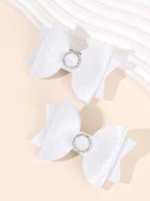 2pcs White Hair Clips, Girls' Solid Color Bow & Alligator Clips With Round Rhinestone, Simple Wedding Hair Clips, Solid Color Bow Hair Clips, Teens Hair Accessories - White - View 6