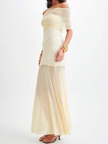 Elegant Solid Off Shoulder Ruched Bodycon Party Dress - Khaki - View 3