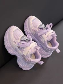 时尚新款女童运动鞋，春夏季透气童鞋，中童厚底可爱蝴蝶结公主跑鞋，魔术贴，学生厚底运动鞋 - 紫色 - 查看 2