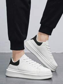 Men's Classic White-Black Color Block Casual Skate Shoes, Outdoor Korean Fashion Daily Elevator Sports Walking Sneakers