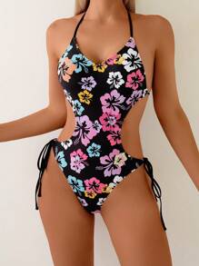 Costume da bagno intero sexy, con stampa floreale, allacciato sulla schiena, sfondo nero, abbigliamento da spiaggia per vacanze
