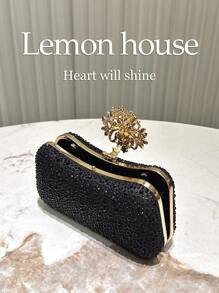 1 pieza de bolso de noche elegante de lujo con pedrería y brillo azul marino, bolso de mano de moda con cierre de pedrería, adecuado para banquetes, fiestas, bodas, galas, regalo ideal para - Negro - Ver 7