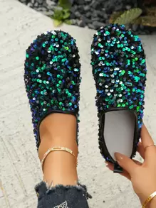 Comercio transfronterizo Tallas grandes 36-43 Nuevos mocasines de moda de primavera y otoño con brillos negros, de uso diario en rosa, zapatos planos de lentejuelas multicolor para vestir