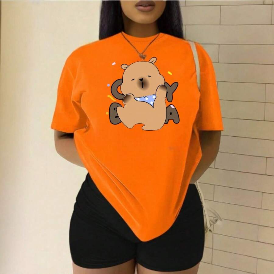 Playera Blusa De Capybara Con Paliacate Diseño Divertido Ropa Para Mujer Capibara - Naranja - Ver 1