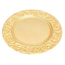 100Pcs Antique Charger Plates Bulk,Dinnerware  13'' Plastic Embossed Dinner Plate Chargers Round Floral Plates For Wedding Decorative Chargers For Table Dinner Kitchen Party Decoration - 金色 - 查看 1