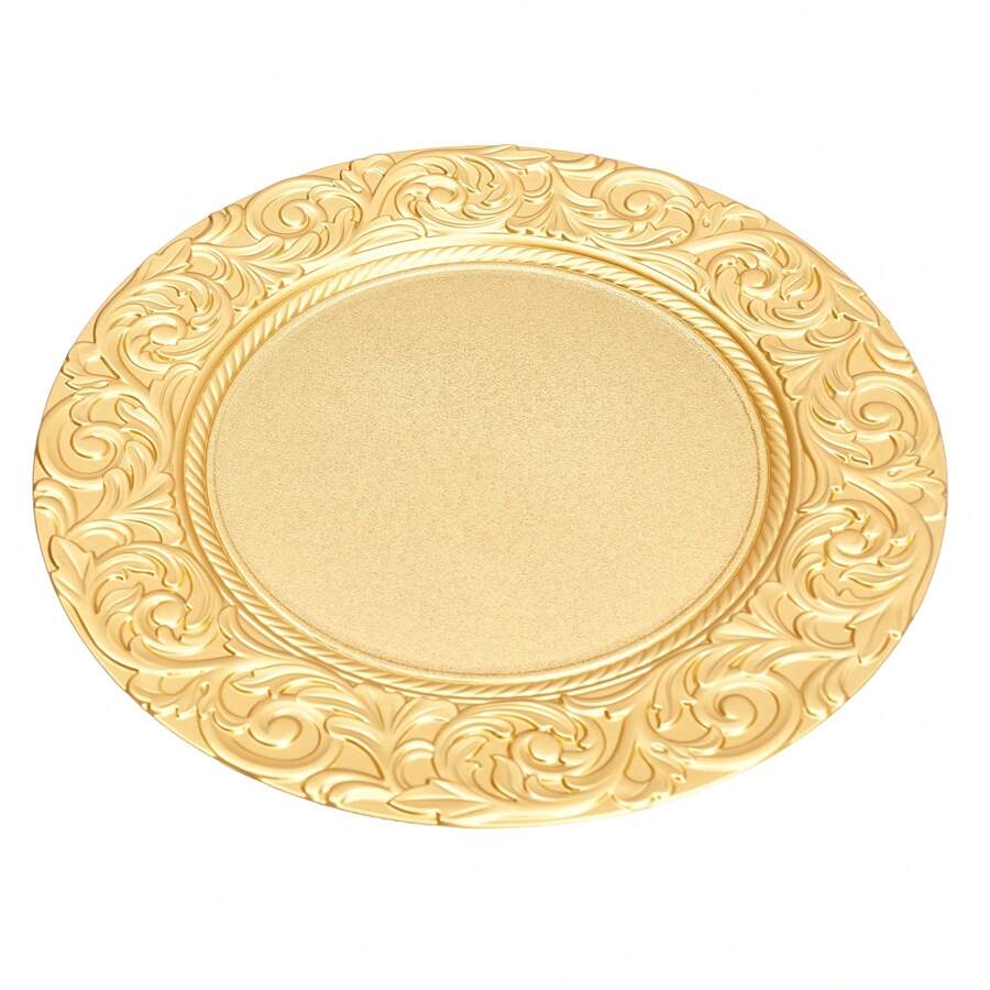 100Pcs Antique Charger Plates Bulk,Dinnerware  13'' Plastic Embossed Dinner Plate Chargers Round Floral Plates For Wedding Decorative Chargers For Table Dinner Kitchen Party Decoration - 金色 - 查看 1