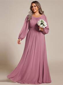 大码优雅浪漫A字浅粉色长袖伴娘礼服，适合秋季婚礼宾客