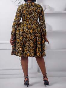 Vestido con estampado de hojas, manga larga con cremallera, volantes en el bajo, de estilo informal - Multicolor - Ver 2