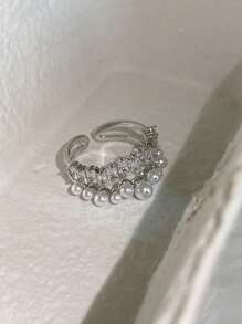 1 件女士空心几何双珍珠锆石开口戒指，时尚轻巧奢华铜合金，适合日常佩戴 - RING5596 - 查看 8