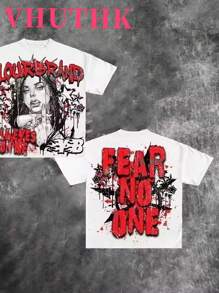 VHUTHK Double-Sided Printing (220 Pure Cotton T-Shirt)    Men's Summer Round Neck Short Sleeved Casual Pure Cotton Print  Y2k  Style - 白色 - 查看 2