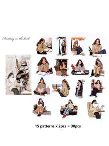 1 Pacote de 30 Peças de Adesivos Decorativos de Menina Artística em PET para Scrapbooking, Artesanato DIY, Álbum de Fotos, Planejador, Suprimentos Escolares, Volta às Aulas