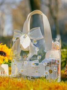 1/5pcs 大号 PVC 礼品袋（配丝带） 可爱雏菊图案手柄礼品包装袋 小雏菊便携式透明伴娘礼物手持礼品包装袋 适用于婚礼礼品、促销、小型企业用品、购物袋、派对袋、婚礼生日派对礼品袋、工艺手提袋、派对礼品、生日装饰、圣诞节情人节