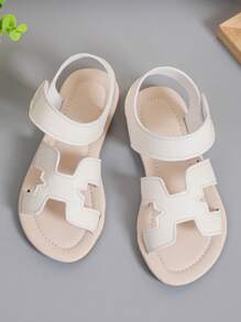 1 Pair Infant/Toddler Girls Plain Color PU Strap Strap Hook And Loop Design Round Toe Open Toe Comfort Fashion Roman Sandals, Suitable For 3-12 Years Old Girl Students Daily Casual/Holiday Outdoor Wear, Spring/Summer New 2025