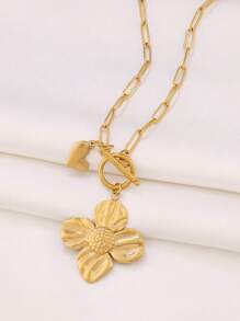 1 件装不锈钢花朵吊坠项链 女士时尚心形吊饰链式项链 珠宝礼物