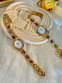 1pc Elegant & Luxurious Gemstone Ladies Watch, Fashionable, Vintage Style With Pearl Dial, Suitable For Social Gatherings, Parties, Vacations, Daily Wear, Birthday Or Holiday Gift