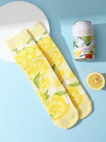 1 Pair Women's Lemon Patterned Mid-Calf Socks, Soft, Breathable, Casual Socks For Home, Travel, Party, Unique Gift For Family & Friends, Fashion , , All Season - Multicolor - View 4