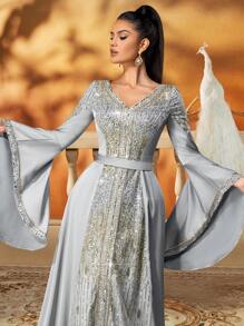 AmazingHoney 优雅银色亮片装饰长袍，喇叭袖设计，奢华迪拜卡夫坦长袍，女士正式阿巴雅，卡夫坦长袍，度假端庄长袍 - 薄荷綠 - 查看 7