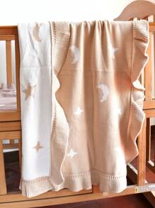 1pc Baby Pure Cotton Wavy Ruffle Blanket With Moon & Star Pattern, Delicate Jacquard Weave, Suitable For All Seasons