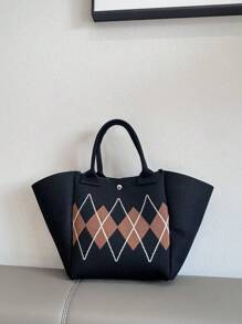 New Design Fan Shaped Bohemian Harlequin Stripe Versatile Ladies Students Hook & Loop Colorblock Knitted Casual Travel Tote Bag