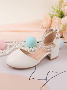 女童珍珠装饰花童婚礼派对芭蕾舞粗跟高跟礼服,舞蹈演奏鞋,钩环花卉日常休闲鞋,适合大中小童 - 白色 - 查看 3