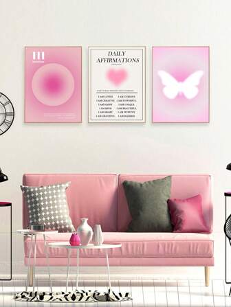 1 Pc Inspirational Canvas Wall Art Poster Minimalist Modern Pink Heart Framed Wall Decor Painting  For Girls Women Bedroom Living Room Decor Ready To Hang