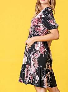 Boho Retro Sage Navy Pink Black Ditsy Floral Surplice Deep V Neck Band Waist Shirring Soft Swing Dress Small To 3 XL Plus - Đen B - Xem 1