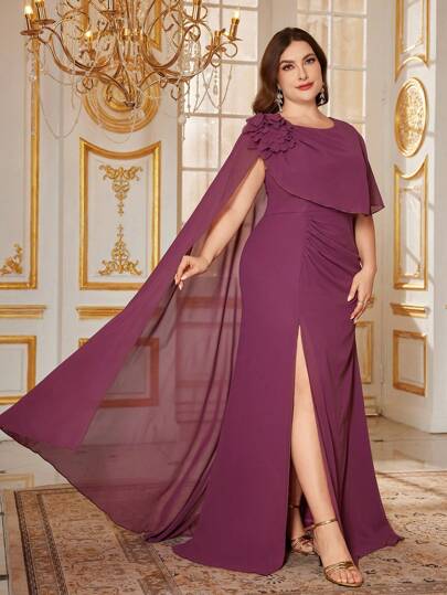 SUPGIR 加大码圆领蝙蝠袖褶饰前部喇叭下摆开衩优雅派对礼服、伴娘礼服