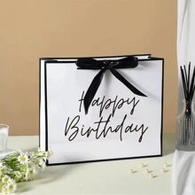 1 PIEZA Bolsa de regalo de cumpleaños, bolsa de regalo con impresión de letras en papel, bolsa de compras plegable y ligera, bolsa de regalo de cumpleaños para amigos, hermana, mamá, abuela, bolsa de regalo de cumpleaños en negro y blanco