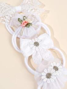 4pcs White Lace Bow Headband Baby Headband Daisy Lace Bow Hairband Wedding Elegant Headband For Toddler Girls, Infant, Newborn, Kids Baby Hair Accessories - White - View 2