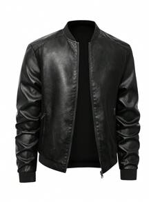 Giacca da pilota in pelle PU da uomo, casual, con maniche lunghe, chiusura lampo, colletto a baseball e tasche