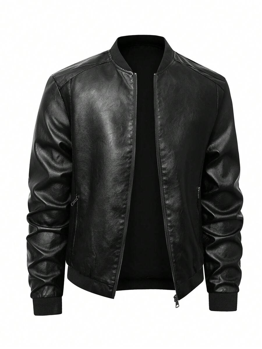 Giacca da pilota in pelle PU da uomo, casual, con maniche lunghe, chiusura lampo, colletto a baseball e tasche