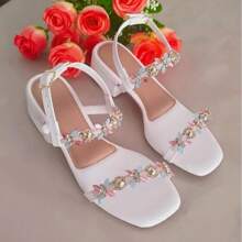 Women's Sandals Low Block Heel Thick Comfortable Rhinestones Feminine Casual Woman - trắng - Xem 3