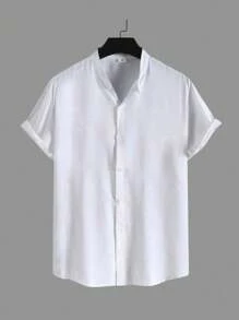 Men's Short Sleeve Viscose Dress Shirt Padre Collar - 白色 - 查看 1