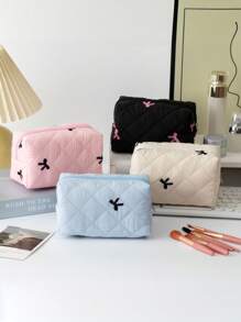 Fresh And Simple Series, New Embroidered Bow Quilted Storage Bag, Cute Ladies Cosmetic Bag, Used For Cosmetics, Headphones, Data Cables, Change, Stationery Storage, Suitable For Students And College Students Cosmetics Items Storage Belongings, Travel Shopping And Business Trips, The First Choice For Holiday Gifts