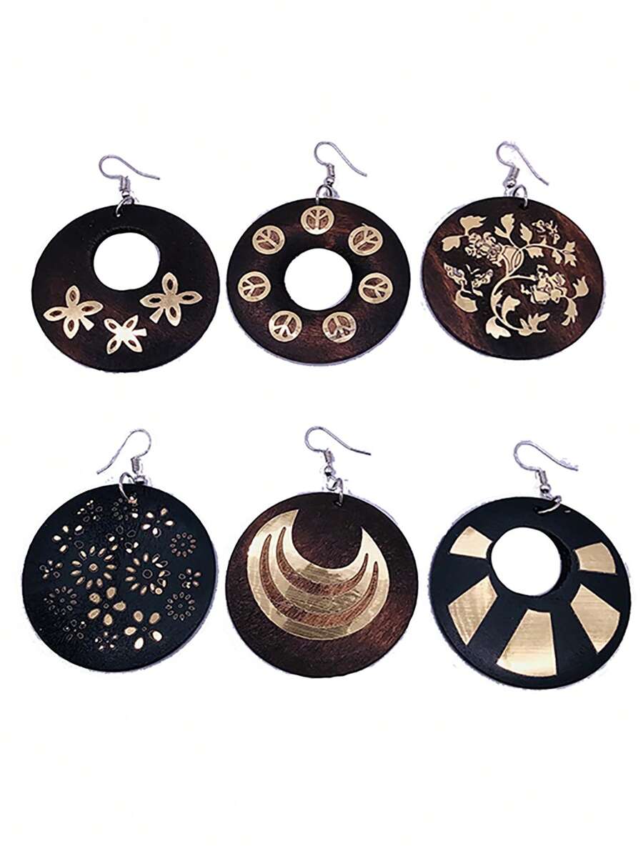 1 Pair Vintage Round Gold Foil Wooden Drop Earrings, Wooden Earrings, African Boho Style Earrings, Gift For Women (Random Style)