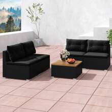 5 Piece Outdoor Furniture Set W/ Seat & Back Cushions Acacia Wood Tabletop - Black - View 4