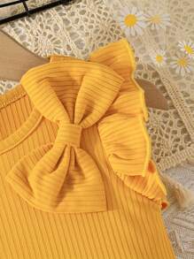 Dziewczęca prążkowana koszulka z kokardą i kwiatowym nadrukiem, zestaw szortów, prezent na letnie wakacje na świeżym powietrzu