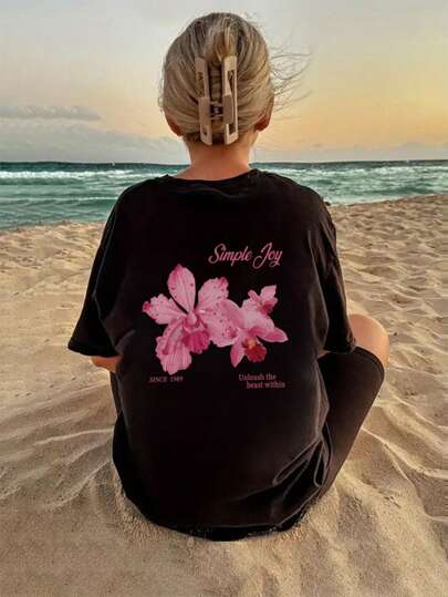 1pc Girls' Oversized T-Shirt - Machine Washable, Floral Hibiscus Print T-Shirt, Suitable For Children's Travel And Vacation, Summer, Girls Clothing